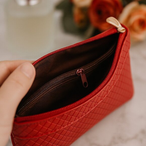 Elegant Women's Red Diamond Pattern Clutch Wristlet Wallet Vegan Leather - Picture 4 of 6